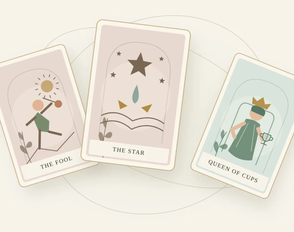 Three illustrated cards: The Fool, The Star and the Queen of Cups