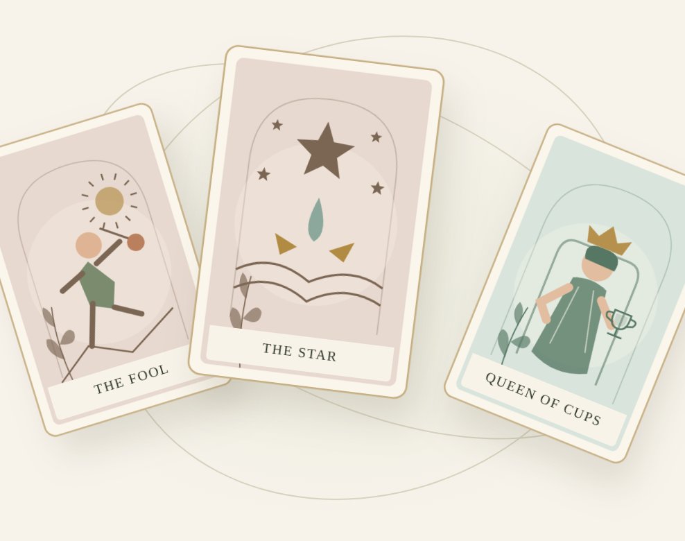 Three illustrated reading cards: The Fool, The Star and the Queen of Cups